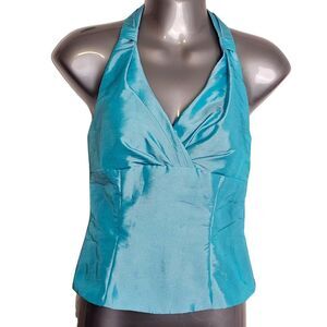 aqua blue teal satin crossover V-neck halter top size 2 seawitch mermaid seaside